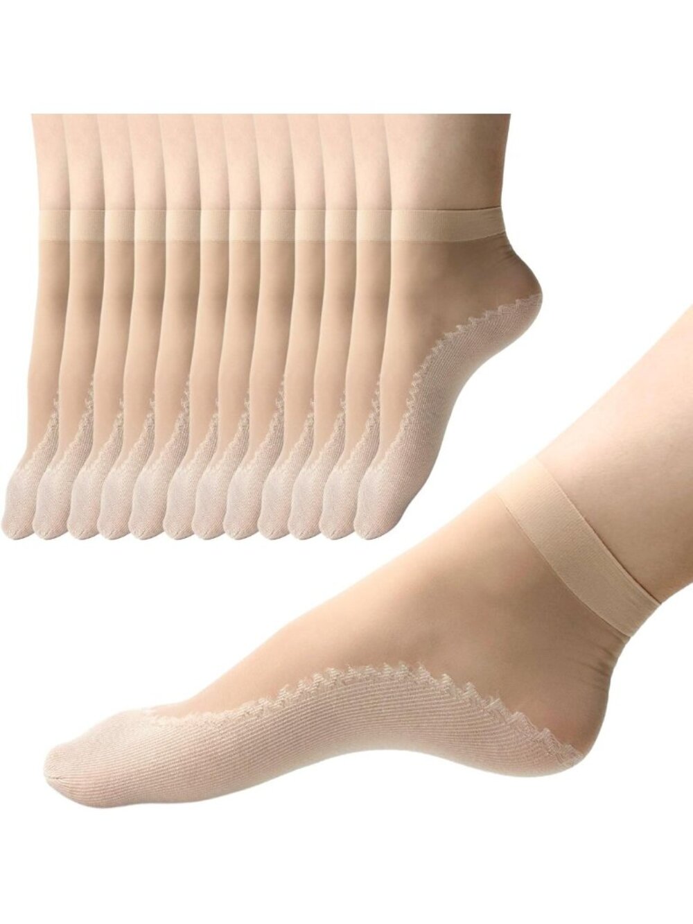 12 Pairs Sheer Ankle Socks for Women, Nude Nylon Stockings, Comfortable